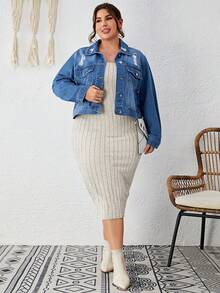 SHEIN LUNE Hơn Rách Túi có nắp Áo khoác denim - Rửa nhẹ - Xem 4