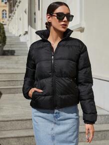 EURMUSE Slant Pocket Zip Up Puffer Coat - Black - View 5