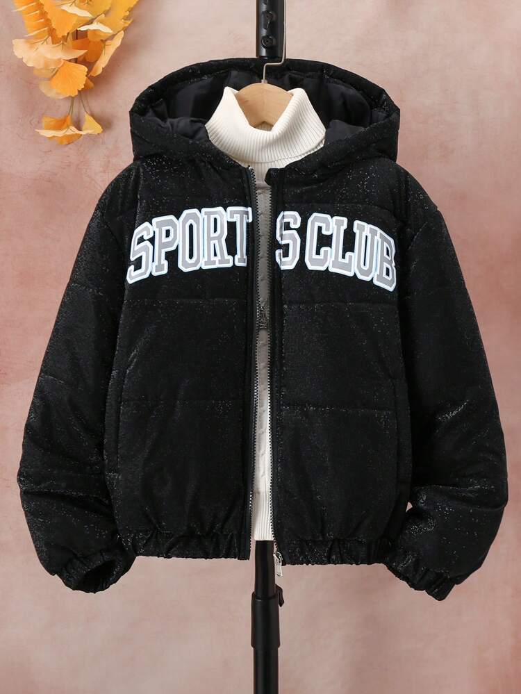 Tween Boy 1pc Letter Graphic Hooded Padded Coat