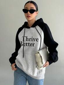 DAZY Letter Graphic Raglan Sleeve Drawstring Hoodie - Grey - View 5