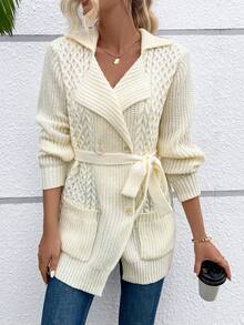 SHEIN Clasi Dual Pocket Belted Cardigan - Apricot - View 4