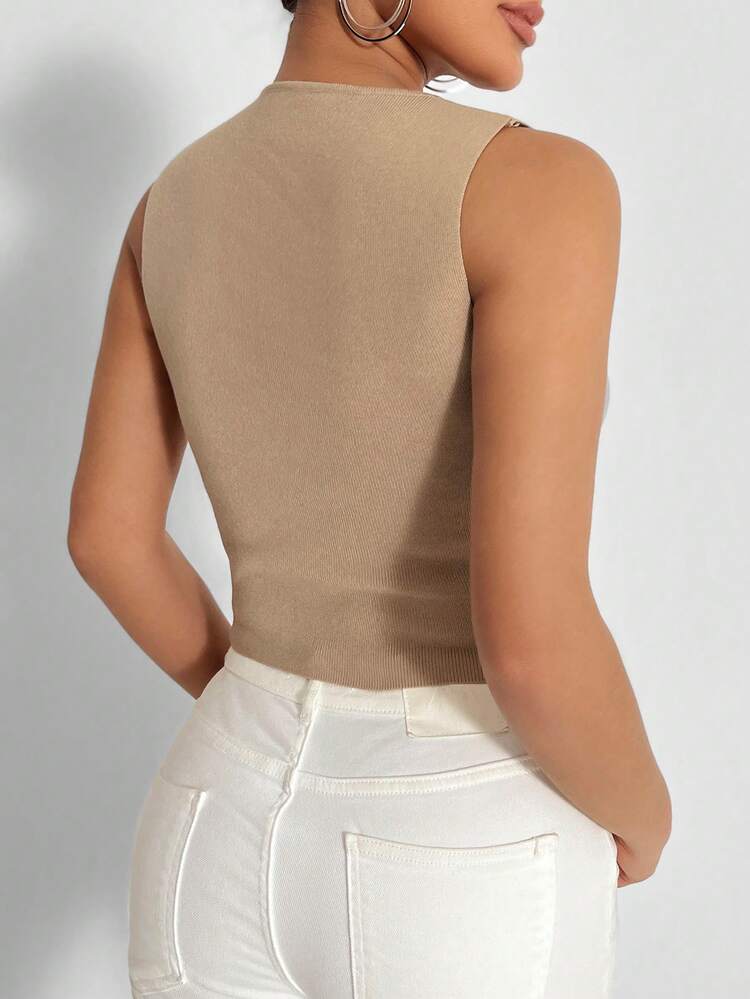 Solid Asymmetrical Neck Crop Tank Knit Top