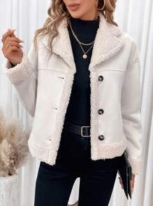 SHEIN Frenchy 毛絨內襯落肩袖前紐扣加絨內裏夾克 - 杏色 - 查看 3