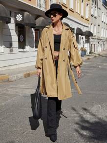 SHEIN Đôi ngực Thắt lưng Áo khoác Trench - Màu Khaki - Xem 1