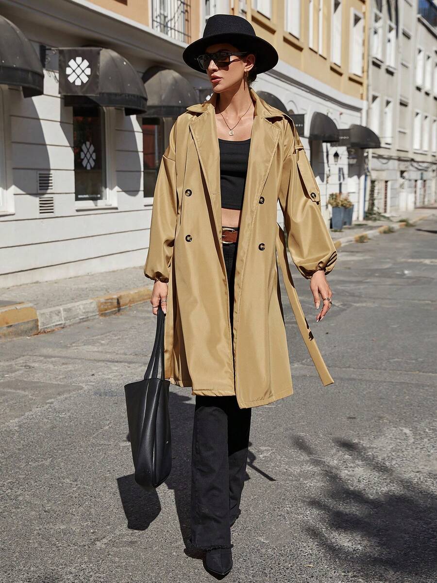 SHEIN Đôi ngực Thắt lưng Áo khoác Trench - Màu Khaki - Xem 1