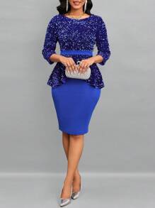SHEIN Lady 亮片花邊下擺上衣&鉛筆裙 - 藍色 - 查看 3