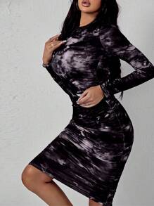 SHEIN SXY Tie Dye Mock Neck Ruched Side Bodycon Dress - Black - View 1