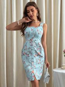 SHEIN Privé Floral Print Split Hem Cami Dress - Blue - View 4