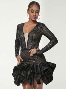 Elegant Mesh Ruffle Hem Sequin Cocktail Bodycon Dress - Black - View 1