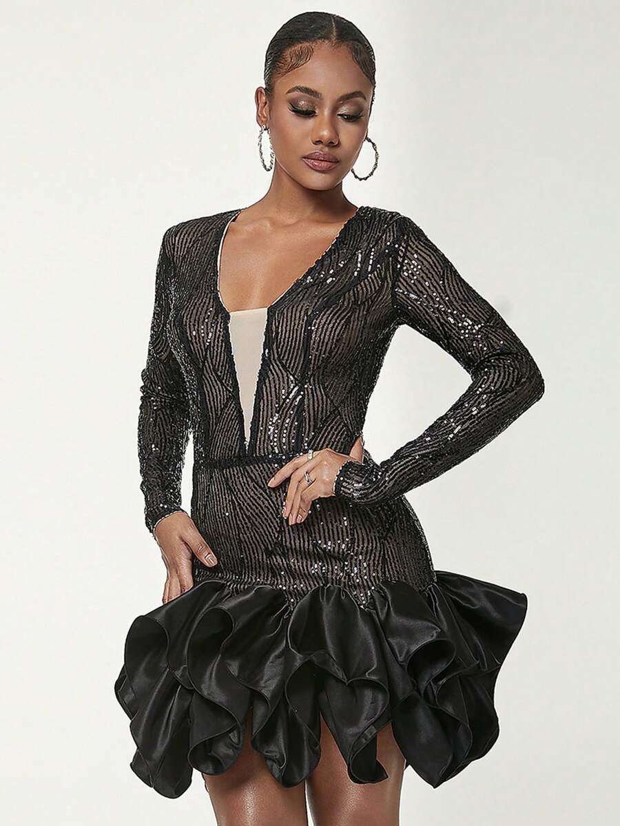 Elegant Mesh Ruffle Hem Sequin Cocktail Bodycon Dress - Black - View 1