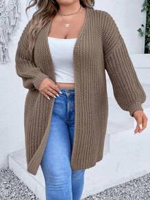 SHEIN CURVE+ Plus Drop Shoulder Duster Cardigan - Coffee Brown - View 8
