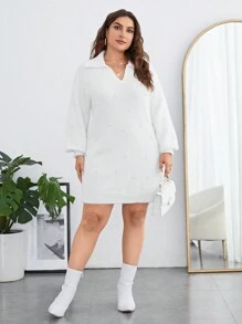 SHEIN Clasi Plus Pearls Beaded Drop Shoulder Sweater Dress - White - View 6