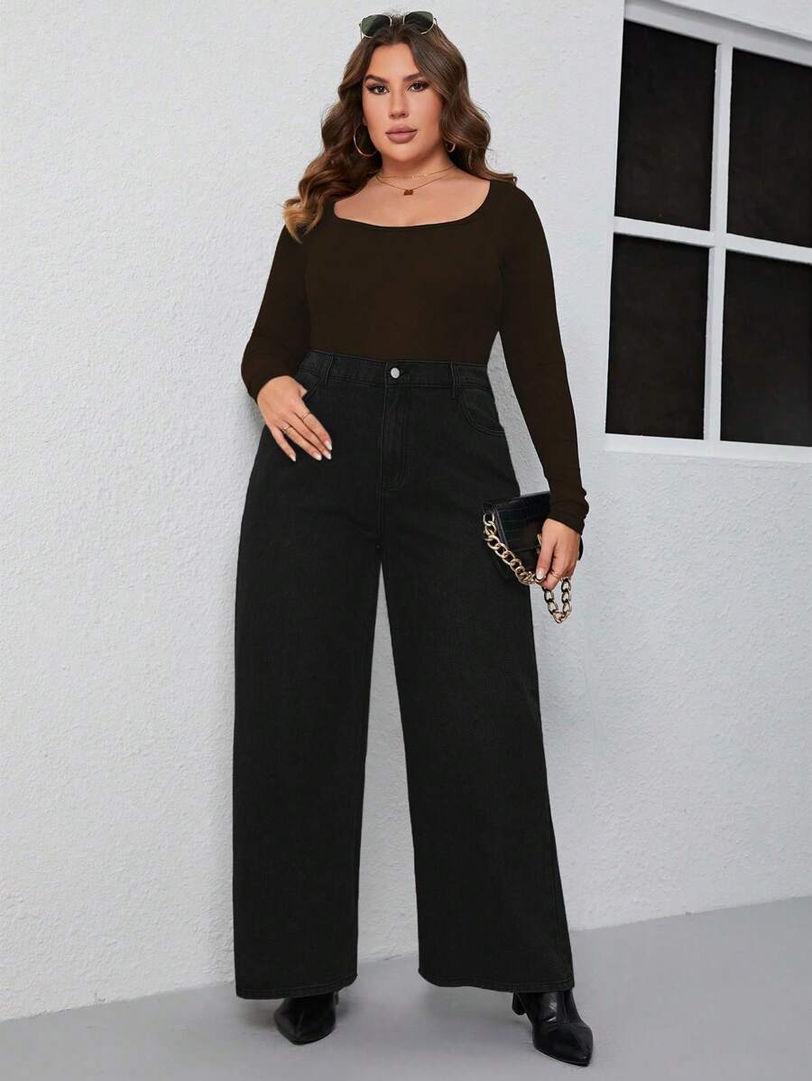 SHEIN Frenchy Plus High Waist Wide Leg Jeans - Black - View 1