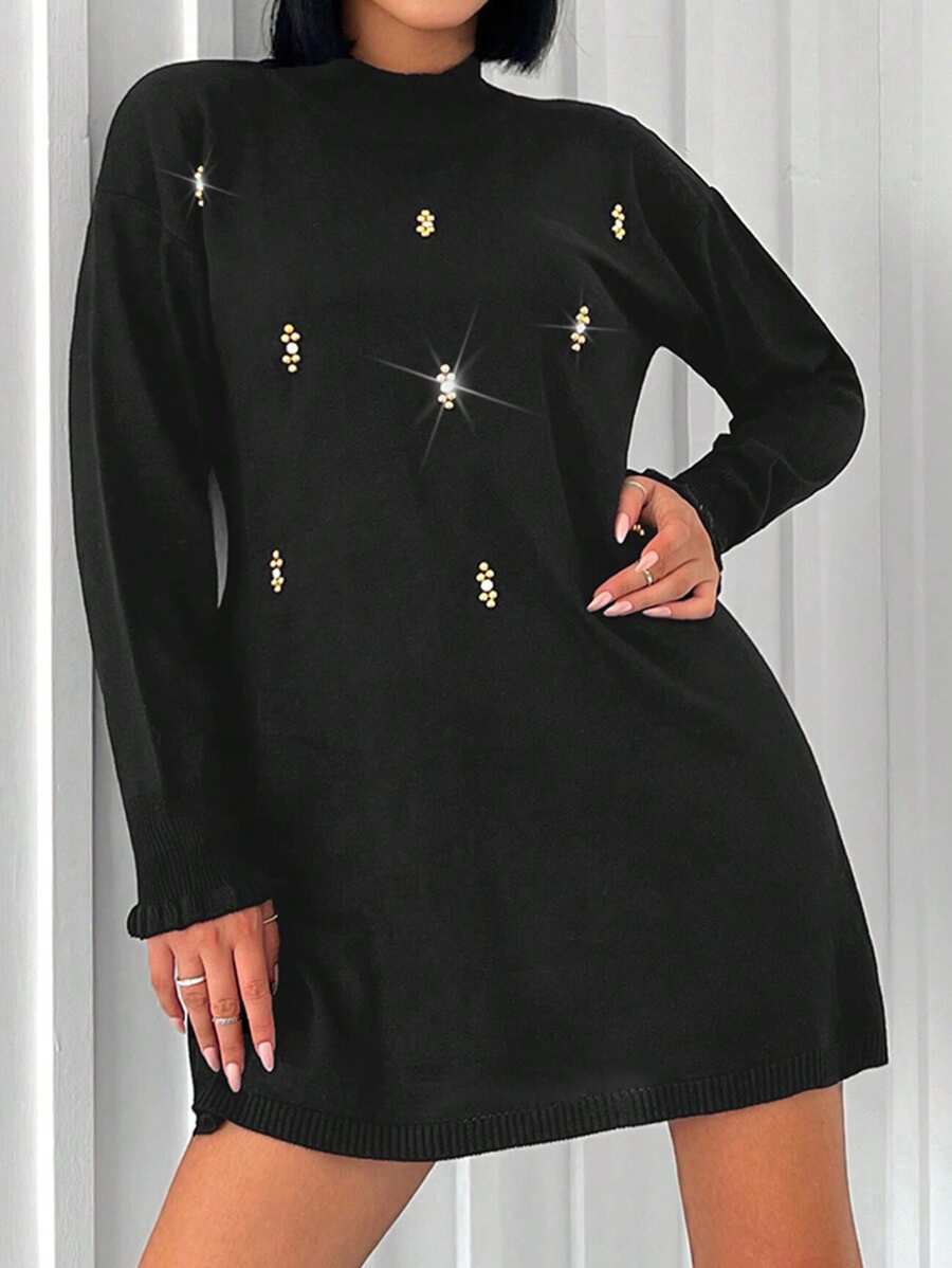 EURMUSE Rhinestone Detail Drop Shoulder Sweater Dress - Black - View 1