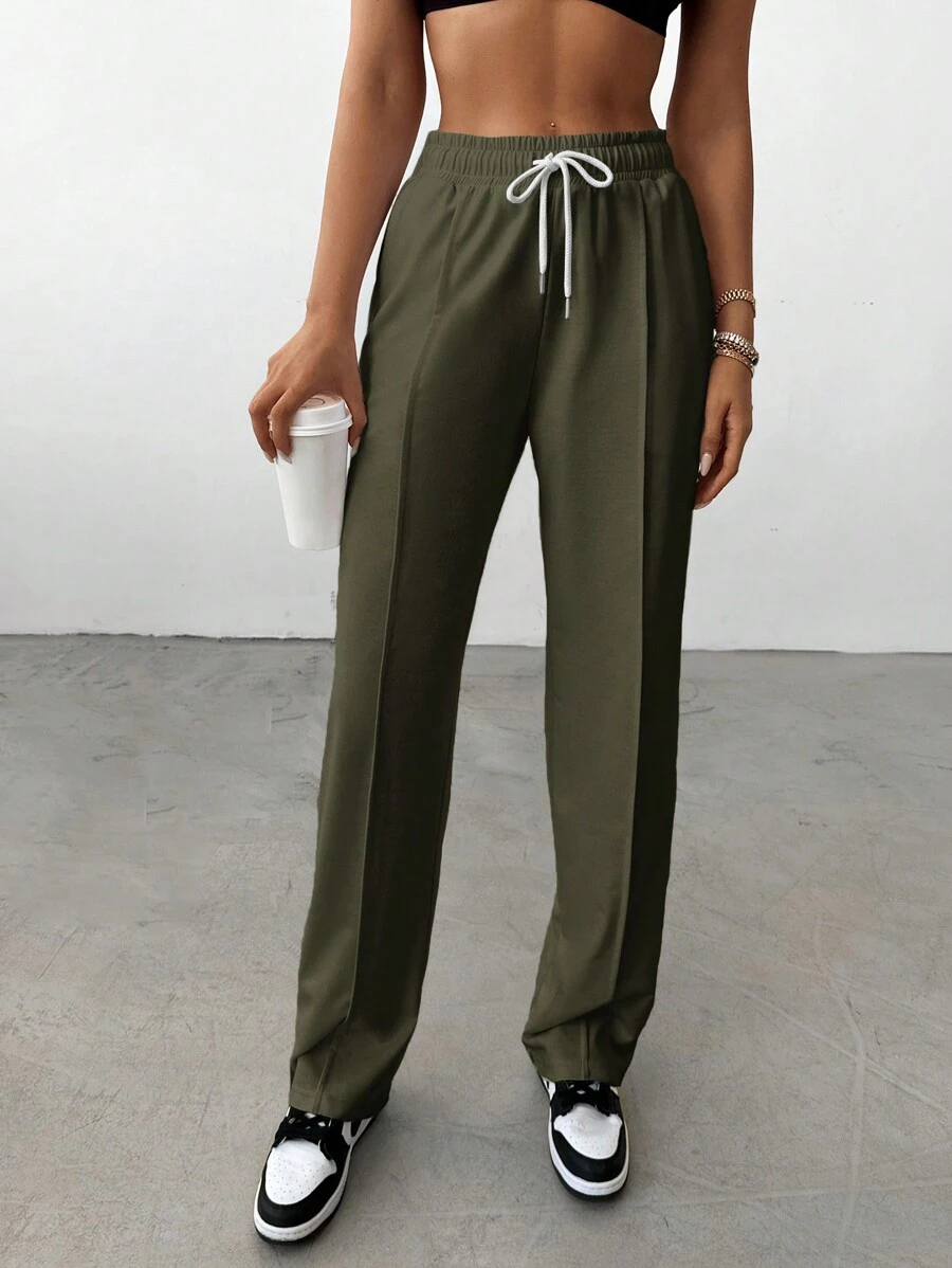 Cotton Solid Drawstring Waist Straight Leg Sweatpants - Green - View 1