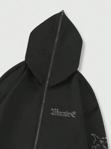 ROMWE MEN Goth Guys Slogan & Wings Print Kangaroo Pocket Drawstring Hoodie - Black - View 6