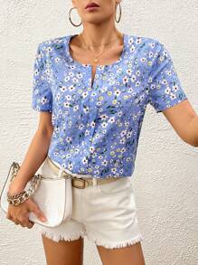 SHEIN LUNE Áo cổ chữ V in hoa Ditsy - Màu xanh nhạt - Xem 1