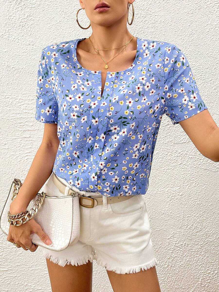 SHEIN LUNE Áo cổ chữ V in hoa Ditsy - Màu xanh nhạt - Xem 1