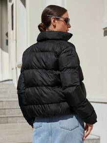 EURMUSE Slant Pocket Zip Up Puffer Coat - Black - View 2