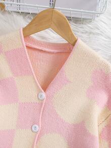 SHEIN 女大童棋盤格圖案落肩袖開襟衫 - 粉色 - 查看 3