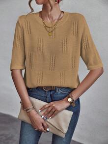 SHEIN LUNE Solid Pointelle Knit Top - Khaki - View 5