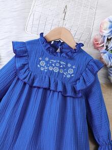SHEIN Young Girl Floral Embroidery Ruffle Trim Flounce Sleeve Dress - Blue - View 7
