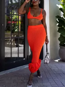 Solid Pointelle Cami Knit Top & Knit Skirt - Red - View 1