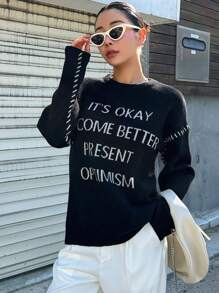 DAZY Maglione con spalle a goccia e stampa con slogan, abbigliamento autunnale da donna - nero - Visualizzare 3