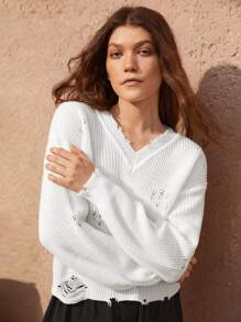Bohemela V Neck Drop Shoulder Ripped Detail Sweater