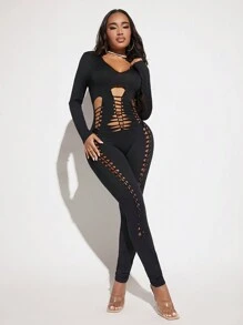 SHEIN SXY Cut Out Unitard Jumpsuit - Black - View 3