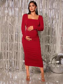 SHEIN Maternity Square Neck Ruched Bodycon Dress - Burgundy - View 6