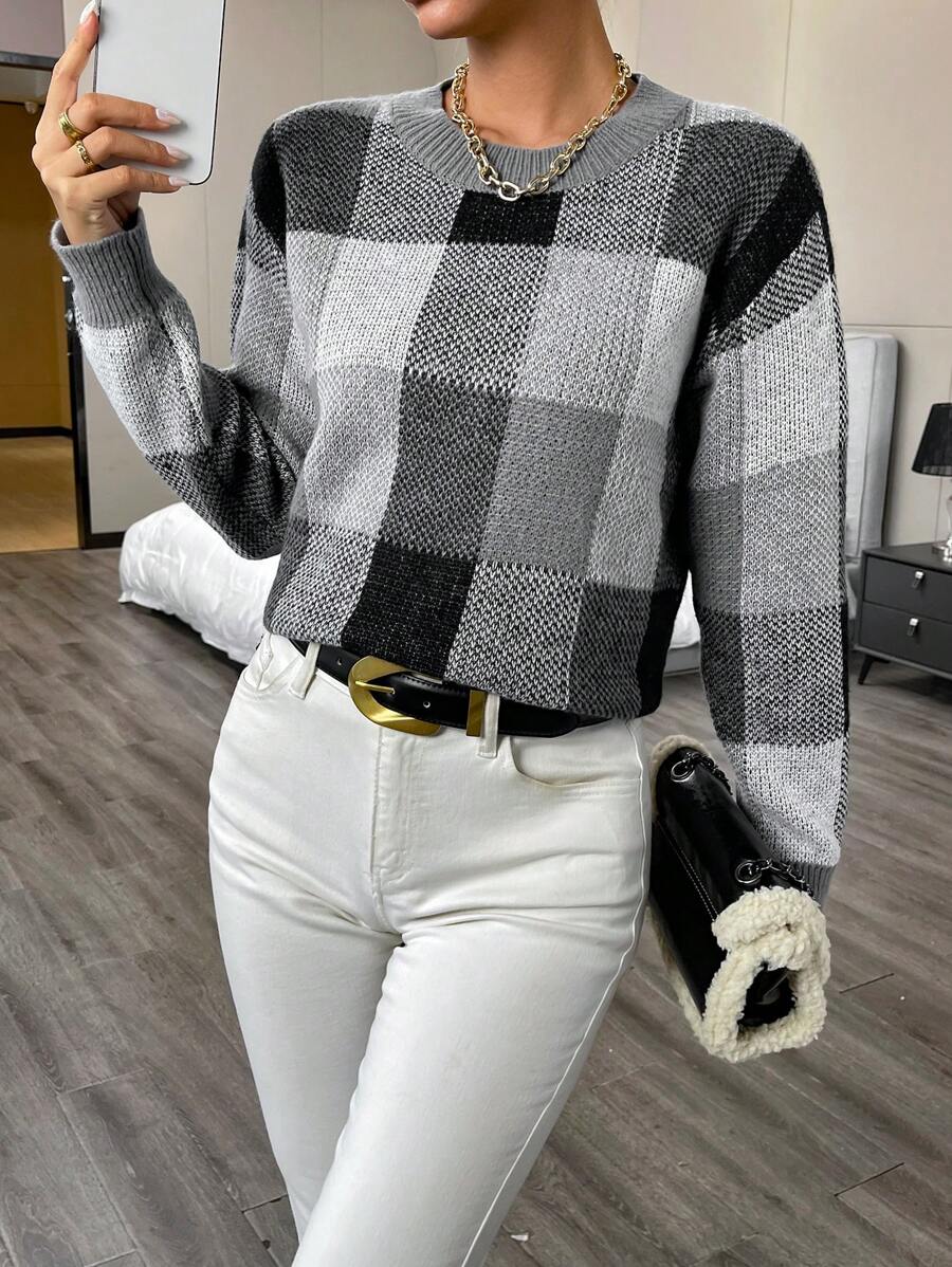 SHEIN LUNE Áo len trễ vai họa tiết kẻ sọc Buffalo - Xám - Xem 1