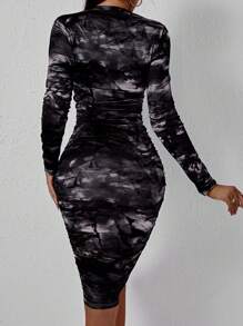 SHEIN SXY Tie Dye Mock Neck Ruched Side Bodycon Dress - Black - View 3
