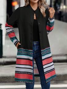 EMERY ROSE 休閒鈕扣 口袋幾何 條紋女士常規外套 - 彩色 - 查看 3