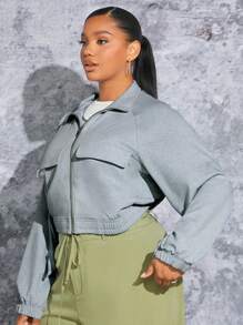 SHEIN SXY Plus Flap Detail Raglan Sleeve Zip Up Sweatshirt - Light Grey - View 5