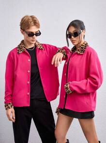 Manfinity VCAY 1pc Loose Fit Overcoat With Contrast Leopard Collar And Drop Shoulders, For Fall Winter - Pink - View 4