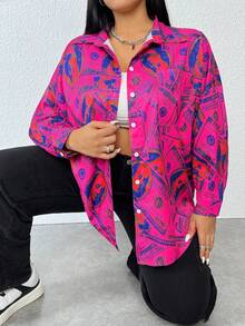 SHEIN Coolane Plus Allover Print Drop Shoulder Shirt - Hot Pink - View 2