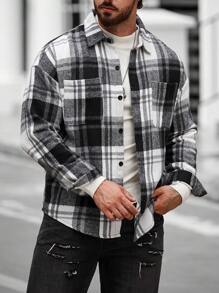 Manfinity 男士格紋雙口袋下墜肩外套 - 黑與白 - 查看 1