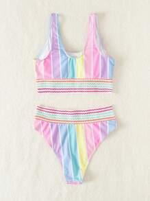Swim Mod Summer Beach Colorful Striped Bikini Set Contrast Trim Wireless Bra Top & High Waist Bikini Bottom 2 Pieces Bikini - Multicolor - View 4