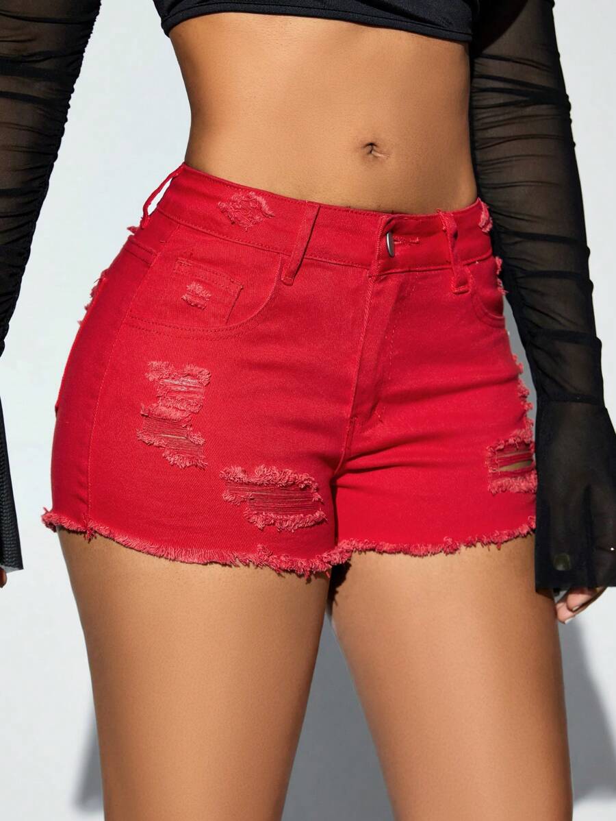 SHEIN SXY Ripped Raw Cut Denim Shorts - Red - View 1