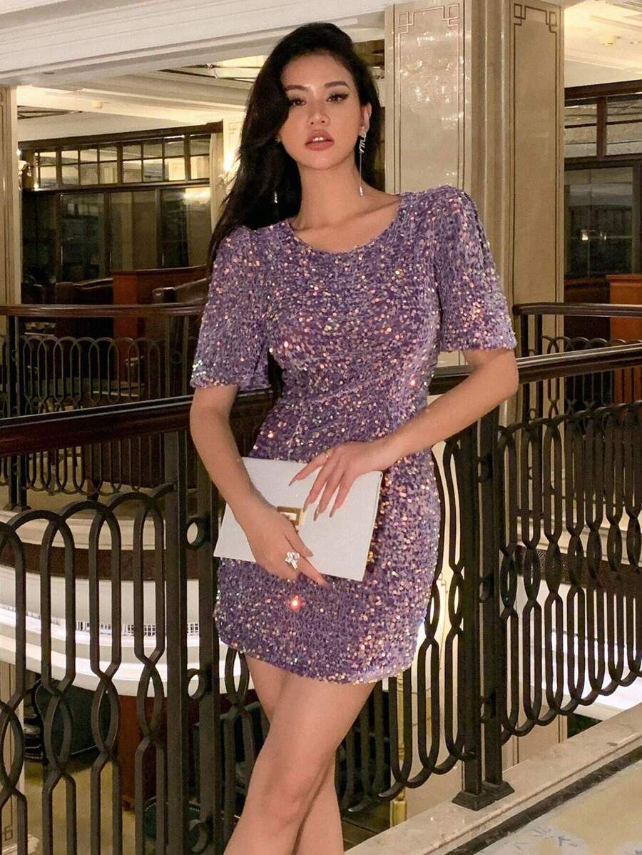 DAZY 泡泡袖亮片紧身连衣裙舞会礼服派对女士返校节礼服 - 紫色 - 查看 1