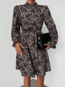 EURMUSE Women's Floral Print Mandarin Collar Long Sleeve Casual Fashion Dress - Multicolor - View 3