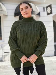 RueChic Plus Turtleneck Raglan Sleeve Cable Knit Sweater - Green - View 3