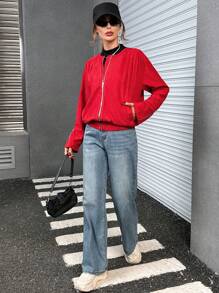 SHEIN Essnce Dây kéo Chất rắn Dây kéo Áo khoác - Đỏ - Xem 3