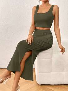 SHEIN Privé Solid Tank Top & Split Thigh Skirt - Army Green - View 5