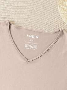 INAWLY Plus Solid V Neck Tee - Champagne - View 5