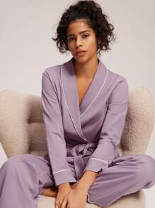 LUVLETTE Autumn And Winter Purple Soft 100% Pure Cotton Top With Tie Basic Long Women Pajama Set Lounge Sets For Women Fall Pajamas Clothes - Dusty Purple - View 4