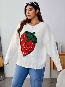 SHEIN EZwear 大碼草莓圖案落肩袖套頭毛衣 - 白色 - 查看 3