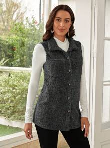 EMERY ROSE 補丁口袋前紐扣絨毛外套馬甲 - 深灰色 - 查看 5