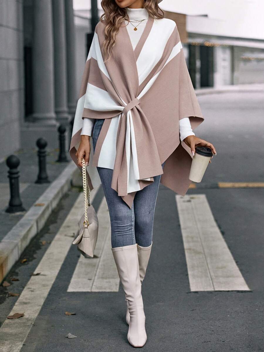 EMERY ROSE Two Tone Batwing Sleeve Asymmetrical Hem Cardigan,Long Sleeve Tops Fall Winter Cloth For Women - Khaki - View 1